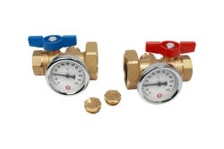 Náhled obrázku: Giacomini R287M Sada 2x kulový uzávěr se dvěma připojeními osazenými teploměrem a zátkou 